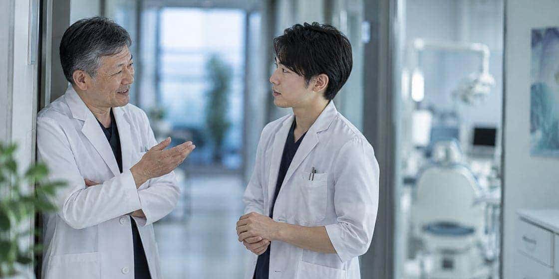 診療の合間に廊下で短く立ち話をする二人の歯科医師