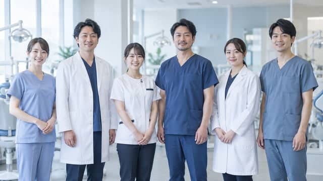 診療室の前に並ぶ歯科医院のスタッフ