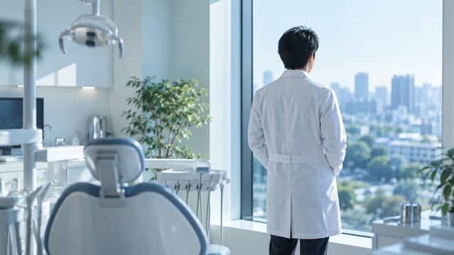 窓辺で外を眺める歯科医師