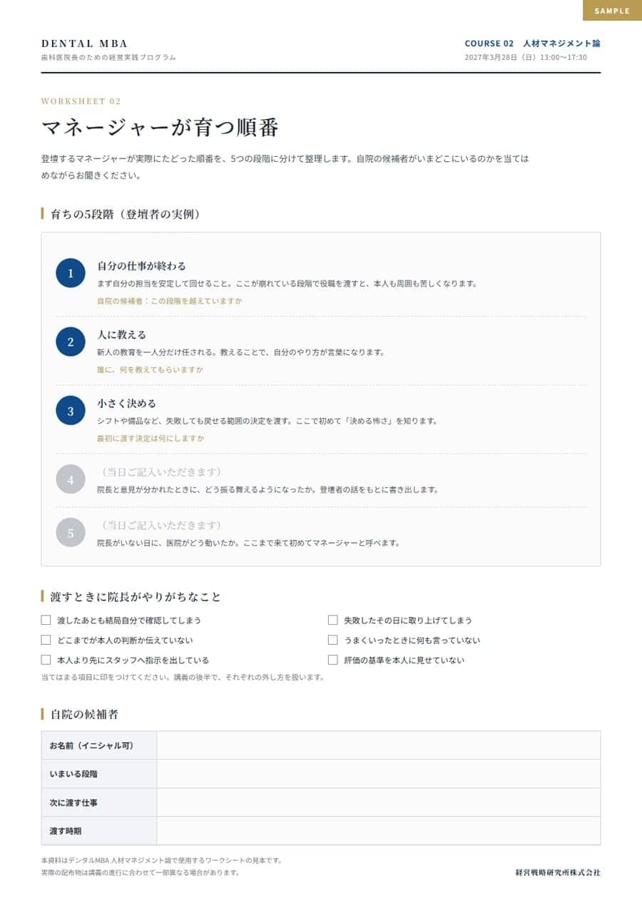 人材マネジメント論のワークシート見本。マネージャーが育つ5段階の記入例